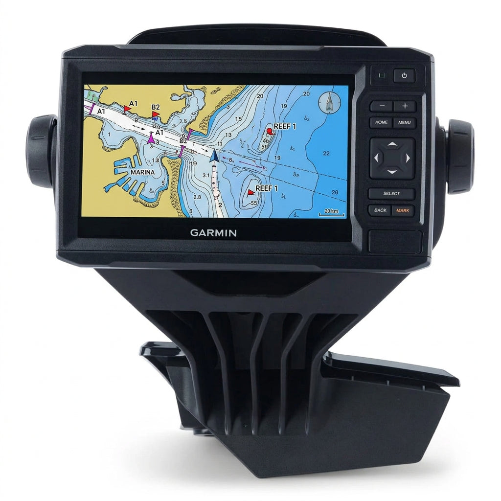Garmin ECHOMAP 62cv+ Fish Finder / Chartplotter kit mounted in a cradle with a screen displaying information. The kit includes a transducer and has a black color predominantly.