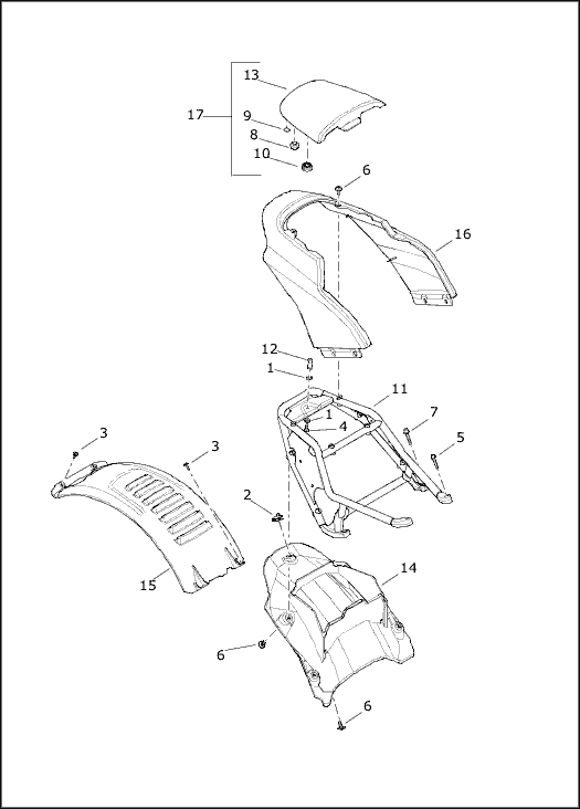 Parts diagram: Harley-Davidson FXDR rear cowl service kit 59500722DH is item 17; other components not included
