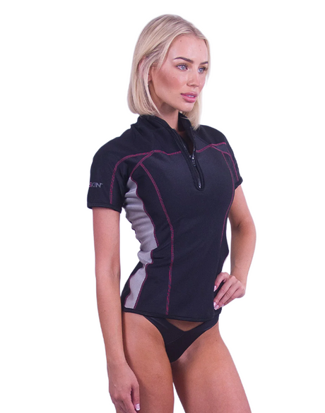 Sharkskin - Woman's Chillproof Short Sleeve Top W/Zip Black/Pink