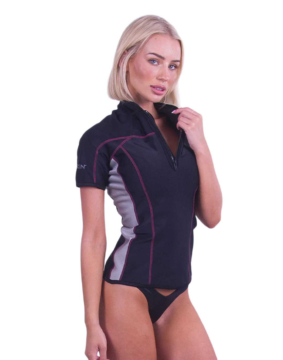 Sharkskin - Woman's Chillproof Short Sleeve Top W/Zip Black/Pink