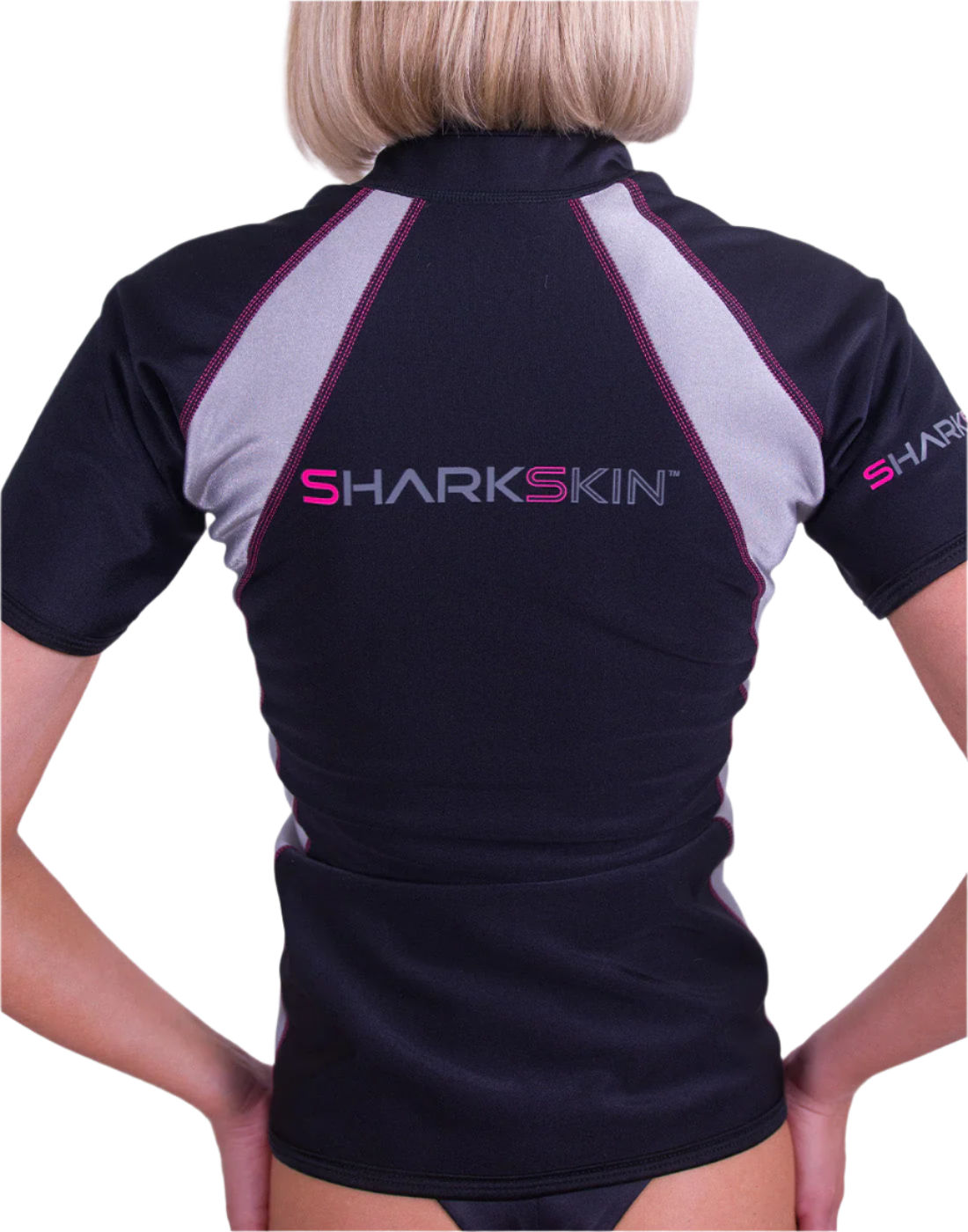 Sharkskin - Woman's Chillproof Short Sleeve Top W/Zip Black/Pink