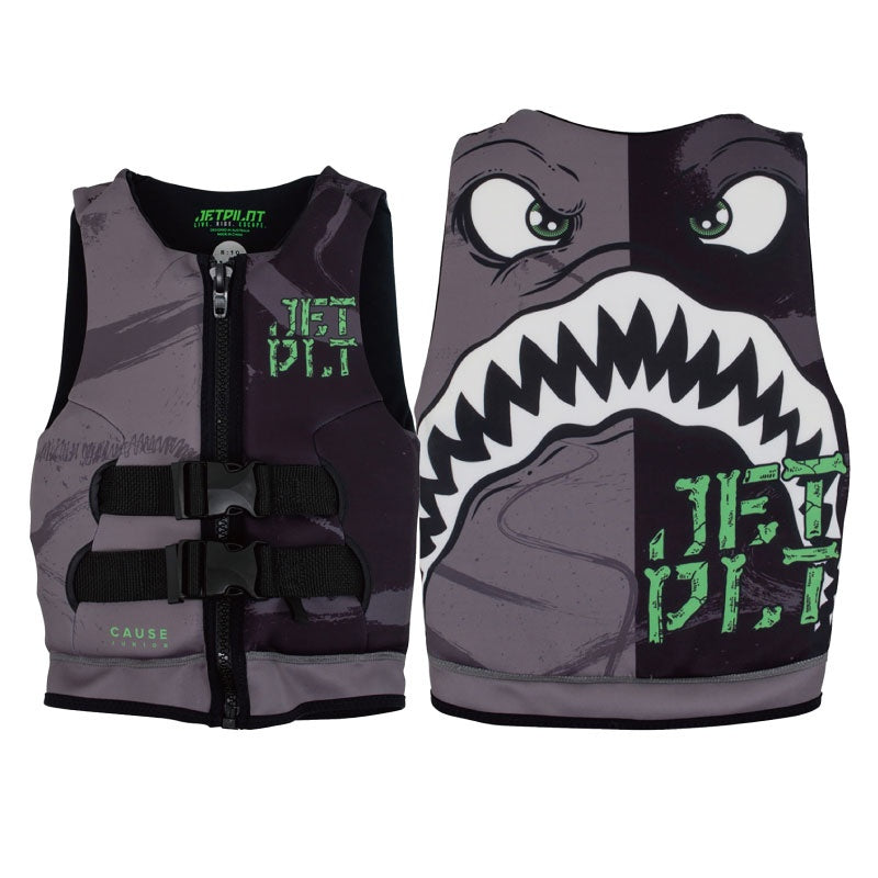 Jetpilot The Cause Youth Life Jacket - Charcoal/Black Shark - front and back