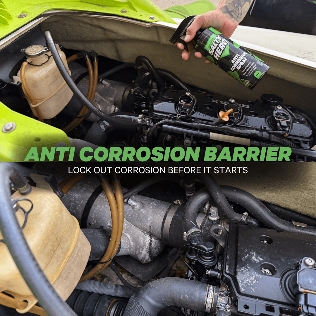 Salty Hero Anti-Corrosive Spray being applied to exposed marine engine hardware