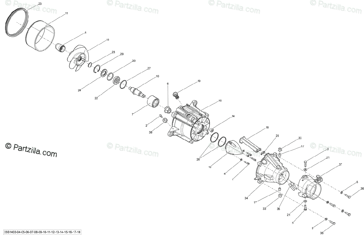 OEM Sea-Doo RXP-X 260 pump diagram – stainless steel impeller 267000631 is item 15; other pump parts not included