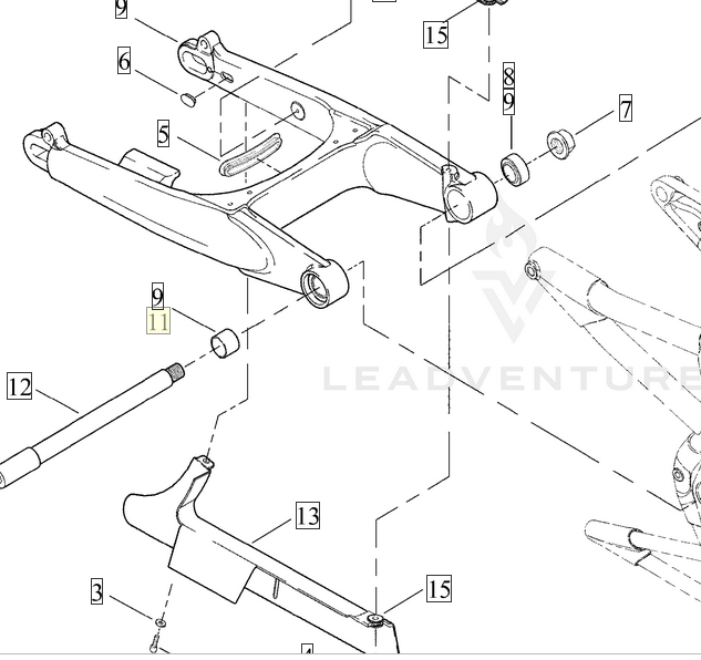Harley-Davidson V-Rod Right Swingarm Pivot Bushing – 48389-01 — supplier assembly diagram; listing is for one right pivot bushing