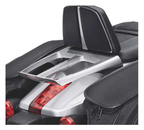 Harley-Davidson 50300028 satin chrome luggage rack shown installed; backrest and motorcycle not included