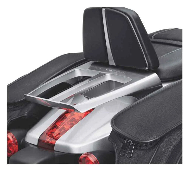 Harley-Davidson 50300028 satin chrome luggage rack shown installed; backrest and motorcycle not included