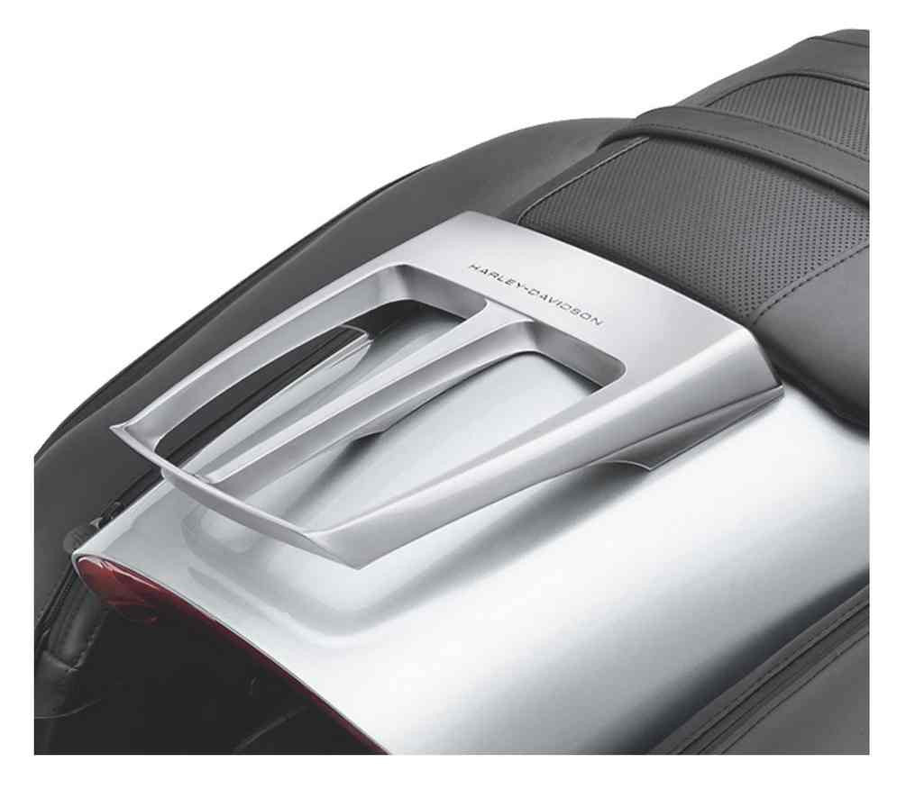 Harley-Davidson 53315-09 satin chrome luggage rack shown installed on V-Rod Muscle; motorcycle not included