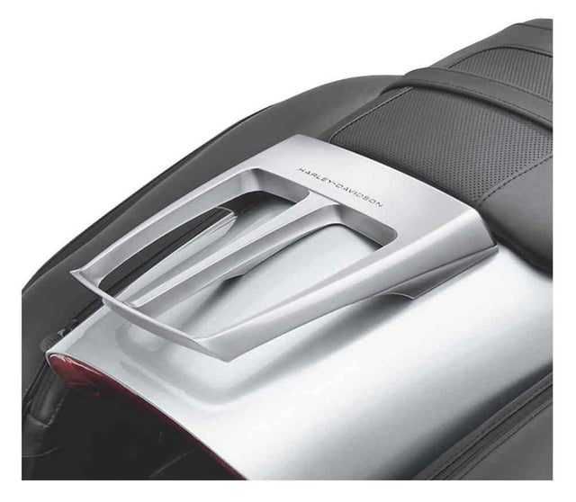 Harley-Davidson 53315-09 satin chrome luggage rack shown installed on V-Rod Muscle; motorcycle not included