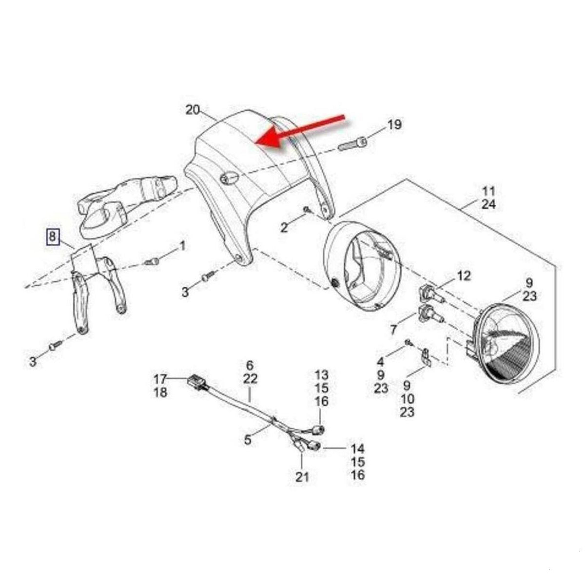 Parts diagram: 67700030DH headlight bracket is item 20 indicated by the red arrow; other components not included