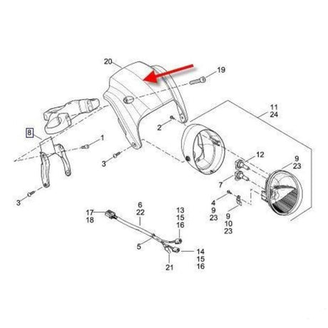 Parts diagram: 67700030DH headlight bracket is item 20 indicated by the red arrow; other components not included