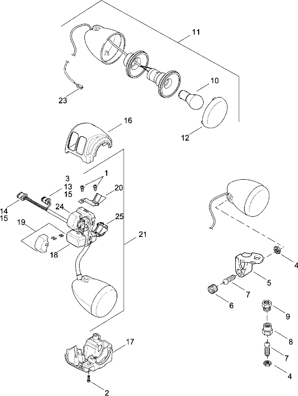 Parts diagram: Harley-Davidson 72944-12 right-hand switch and chrome turn-signal module is item 21; other components not included