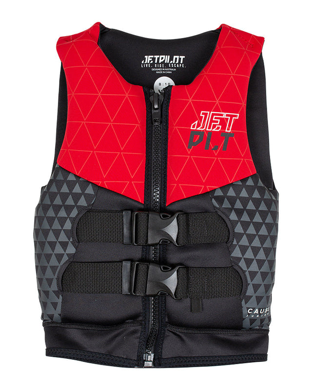 Jetpilot Cause youth red and black Level 50 jacket, front view; larger size without crotch strap