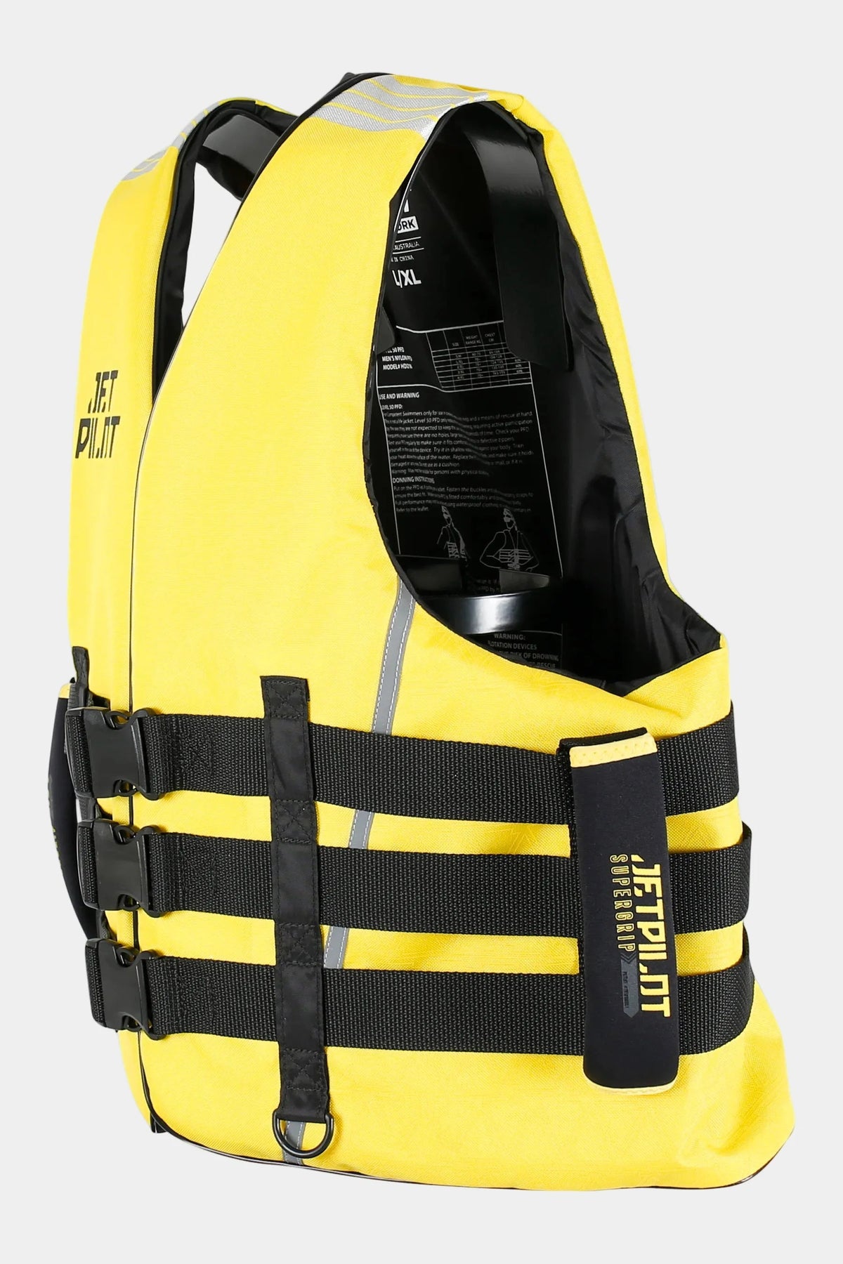 Three-quarter view of the Black/Yellow Titan Nylon showing a Supergrip handle and the side straps