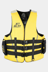 Jetpilot Titan Nylon jet ski life jacket in Black/Yellow, front view with the three-buckle front and side handles