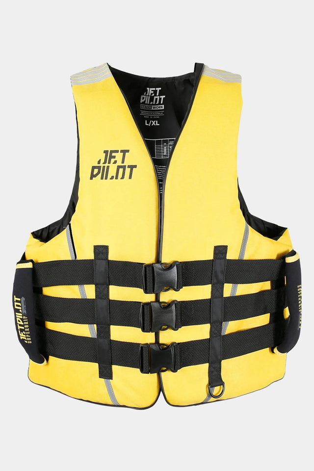 Jetpilot Titan Nylon jet ski life jacket in Black/Yellow, front view with the three-buckle front and side handles