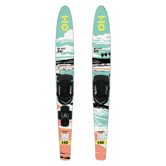 HO Blast combo waterskis with Blaze bindings – manufacturer range image showing 59-inch version; 67-inch pair supplied