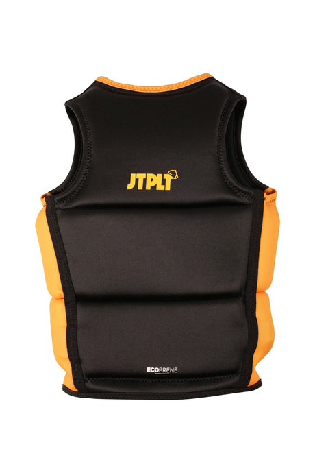 Back of the Black Freeride Boys with the yellow JTPLT logo, orange side panels and EcoPrene label