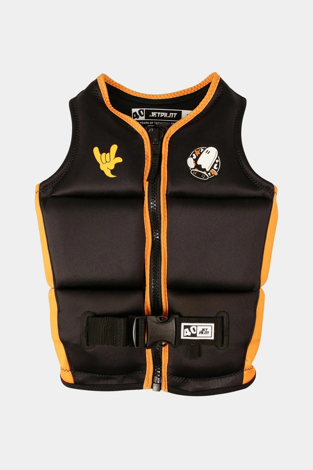 Jetpilot Freeride Boys kids wakeboard life jacket in Black, front view with orange trim, shaka, ghost patch and 40 tab