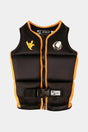 Jetpilot Freeride Boys kids wakeboard life jacket in Black, front view with orange trim, shaka, ghost patch and 40 tab