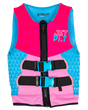 Jetpilot Cause JA22211C pink and blue youth life jacket, front view; larger size shown without crotch strap