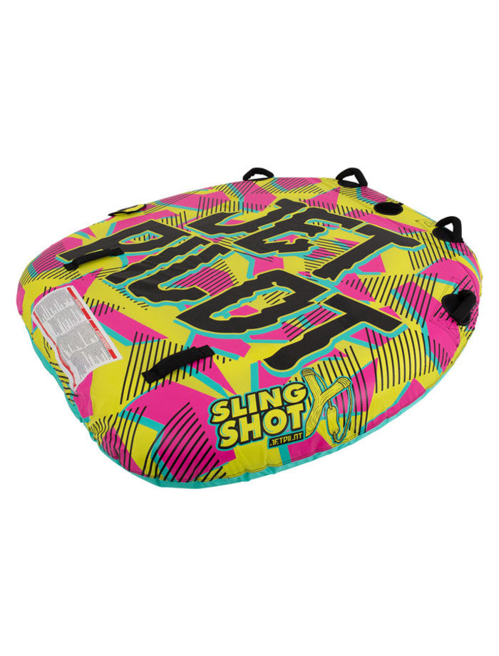 Jetpilot Slingshot JA22002 two-person towable in pink/yellow – angled view
